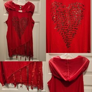 NWT tredy Sleevless Detachable Hood Shirt Tank • je t'aime/I Love You Heart • XL